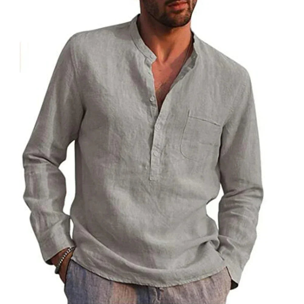 Men's Long Sleeve Linen Shirt with V-Neckline
