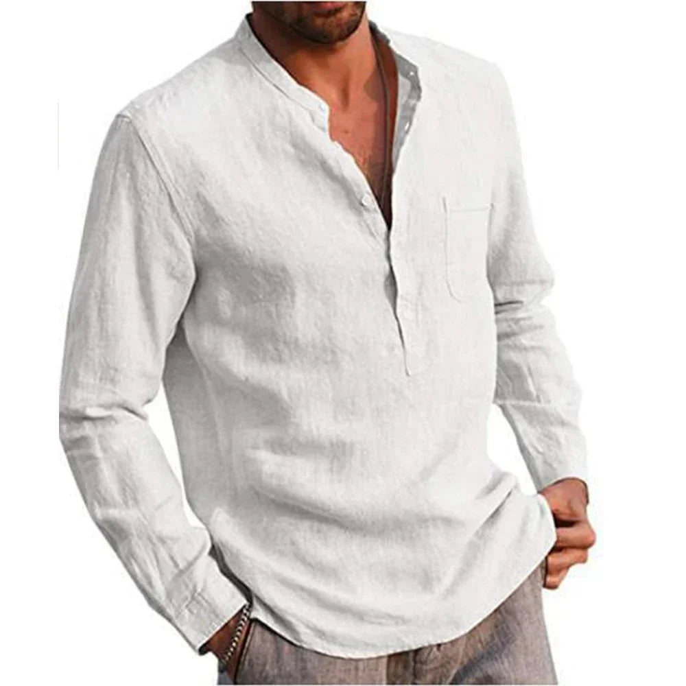 Men's Long Sleeve Linen Shirt with V-Neckline