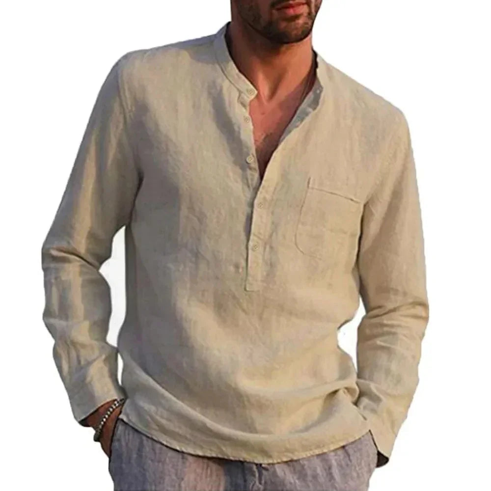 Men's Long Sleeve Linen Shirt with V-Neckline