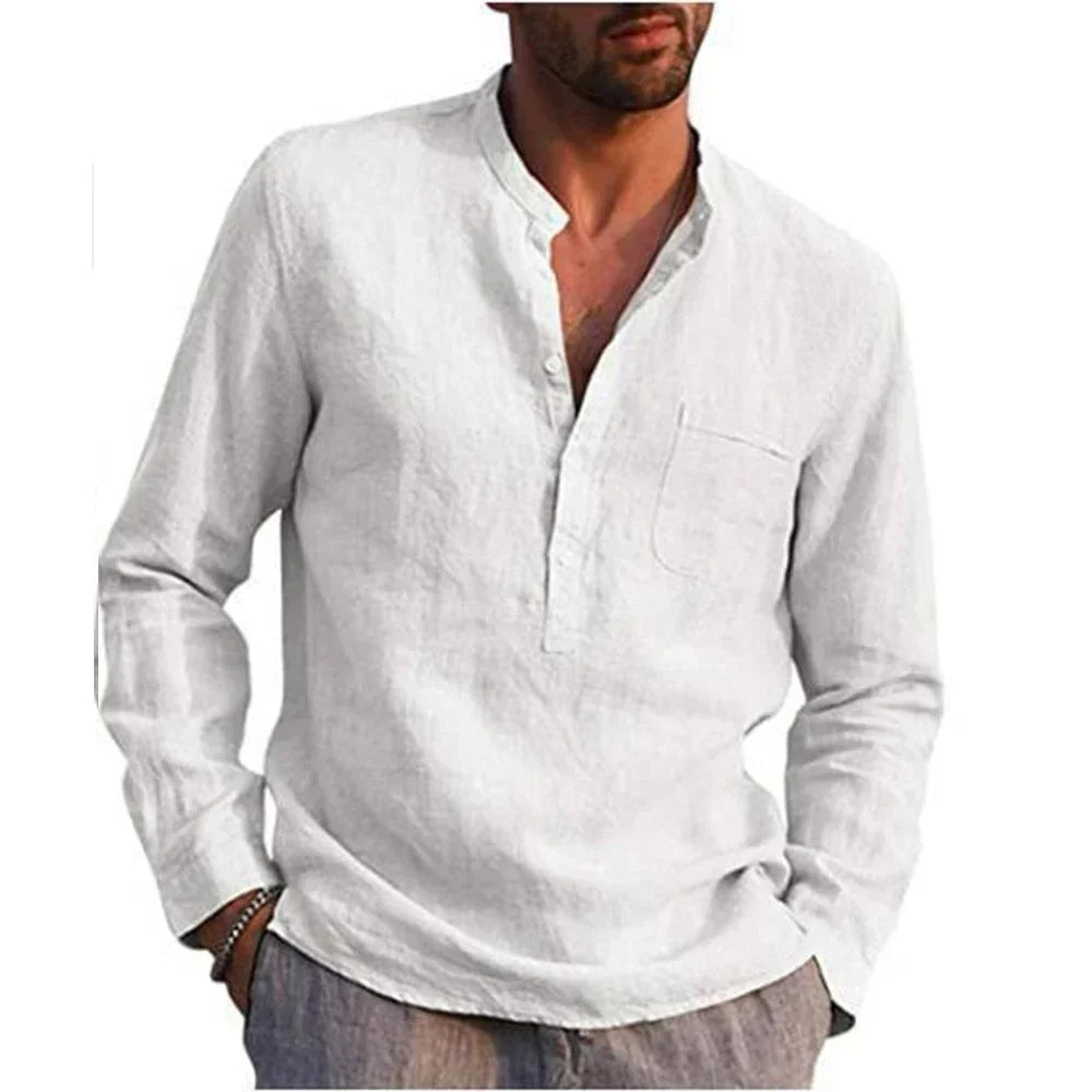 Men's Long Sleeve Linen Shirt with V-Neckline