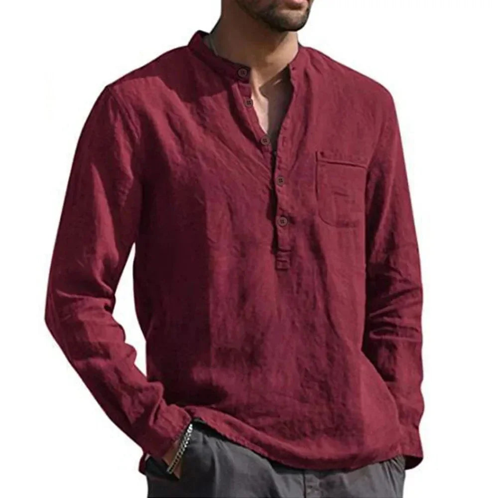 Men's Long Sleeve Linen Shirt with V-Neckline