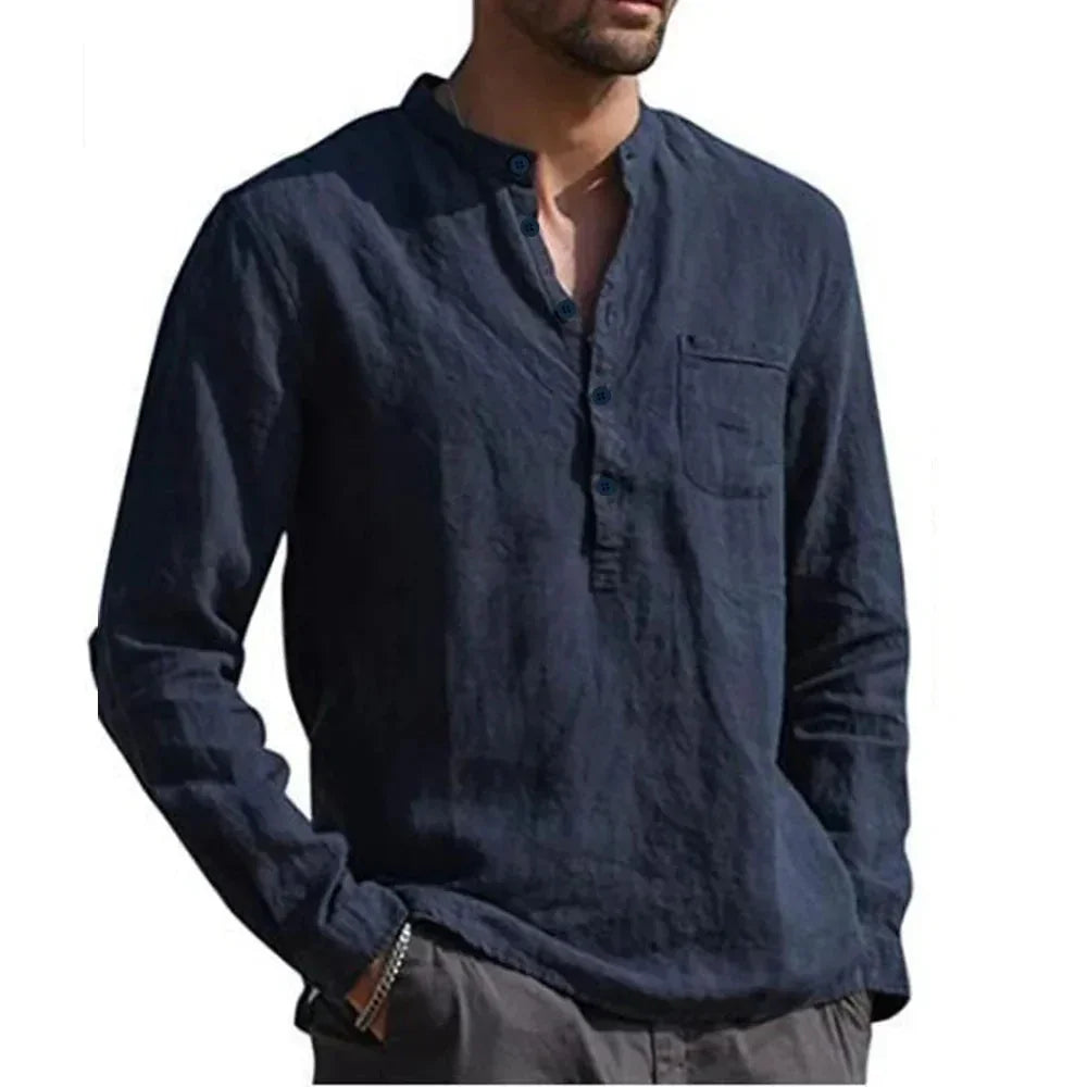 Men's Long Sleeve Linen Shirt with V-Neckline