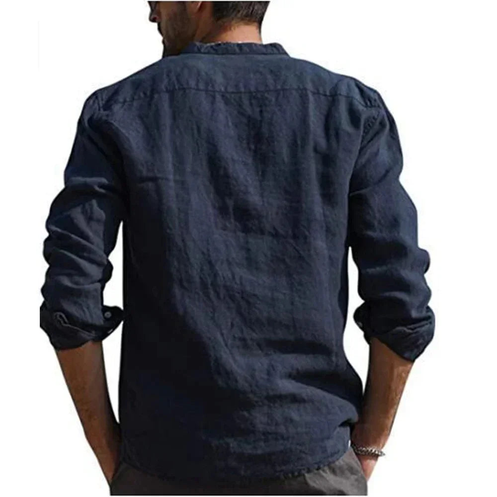 Men's Long Sleeve Linen Shirt with V-Neckline