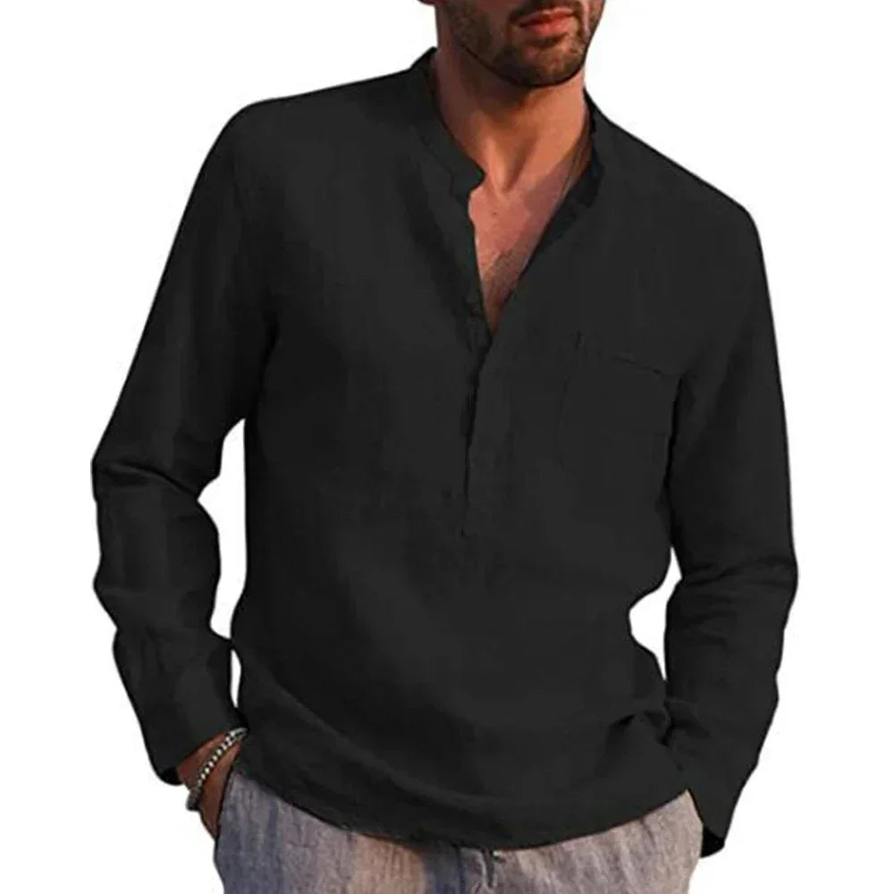 Men's Long Sleeve Linen Shirt with V-Neckline