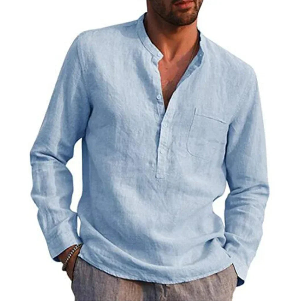 Men's Long Sleeve Linen Shirt with V-Neckline